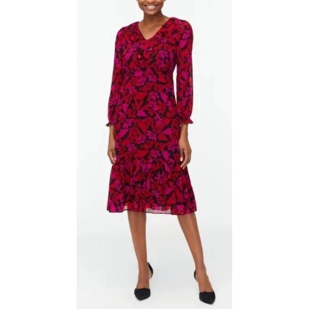 J Crew Red Black Floral V-neck Tiered Ruffle Midi Dress Size 8 Boho Cottagecore